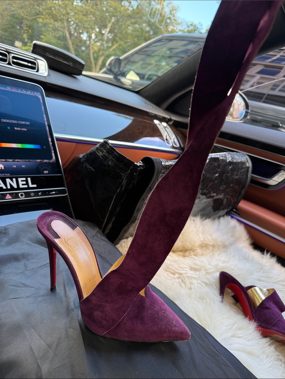 Christian Louboutin Plum Suede Pointed Toe Stiletto Mule with Red Sole
